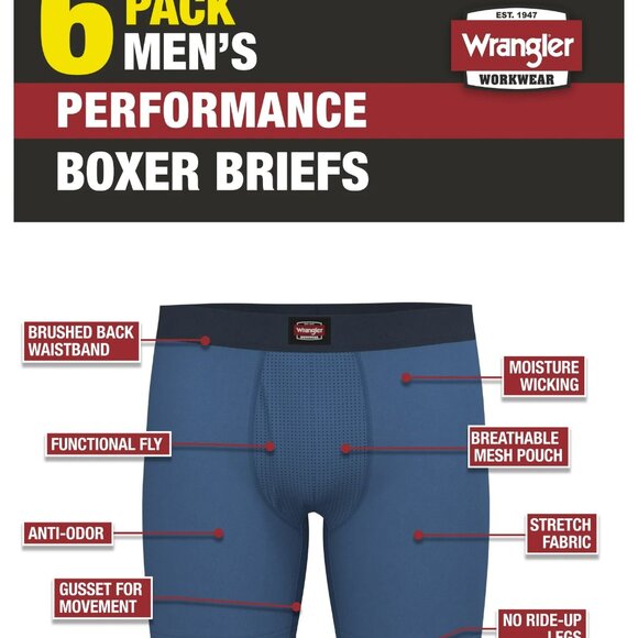 NWT Wrangler Workwear Men’s 6" Performance Boxer Briefs – 6-Pack Blue/Grey - Picture 2 of 4